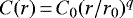 Mathematical equation: $C(r)\,{=}\,C_0(r/r_0)^{q}$