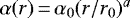 Mathematical equation: $\alpha(r)\,{=}\,\alpha_0(r/r_0)^a$