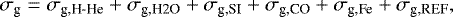 Mathematical equation: \begin{equation*} \sigma_{\textrm{g}}= \sigma_{\textrm{g,H-He}}+\sigma_{\textrm{g,H2O}}+\sigma_{\textrm{g,SI}}+\sigma_{\textrm{g,CO}}+\sigma_{\textrm{g,Fe}}+\sigma_{\textrm{g,REF}},\end{equation*}