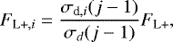 Mathematical equation: \begin{equation*} F_{\textrm{L+}, i}=\frac{\sigma_{\textrm{d},i}(j-1)}{\sigma_{d}(j-1)}F_{\textrm{L+}}, \end{equation*}