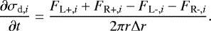 Mathematical equation: \begin{equation*}\frac{\partial \sigma_{\textrm{d},i}}{\partial t}=\frac{F_{\textrm{L+},i}+F_{\textrm{R+},i}-F_{\textrm{L-},i}-F_{\textrm{R-},i}}{2\pi r \Delta r}. \end{equation*}