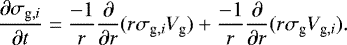 Mathematical equation: \begin{equation*} \frac{\partial \sigma_{\textrm{g},i}}{\partial t} = \frac{-1}{r}\frac{\partial}{\partial r}(r \sigma_{\textrm{g},i} V_{\textrm{g}})+\frac{-1}{r}\frac{\partial}{\partial r}(r \sigma_{\textrm{g}} V_{\textrm{g},i}) .\end{equation*}