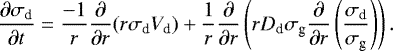 Mathematical equation: \begin{equation*} \frac{\partial \sigma_{\textrm{d}}}{\partial t} = \frac{-1}{r}\frac{\partial}{\partial r}(r \sigma_{\textrm{d}} V_{\textrm{d}})+\frac{1}{r}\frac{\partial}{\partial r}\left(r D_{\textrm{d}} \sigma_{\textrm{g}} \frac{\partial}{\partial r} \left(\frac{\sigma_{\textrm{d}}}{\sigma_{\textrm{g}}}\right) \right).\end{equation*}