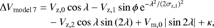 Mathematical equation: \begin{equation*} \begin{split} \Delta V_{\textrm{model}\,7} =\ & V_{\textrm{z},0} \cos{\lambda} - V_{\textrm{z},1} \sin{\phi} \, \textrm{e}^{-\lambda^2/(2 \sigma_{\textrm{z},1})^2} \\ &\! - V_{\textrm{z},2}\cos{\lambda}\sin{(2\lambda)} + V_{\textrm{m},0}\, |\sin{2\lambda}| + \kappa,\end{split} \end{equation*}