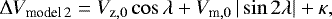 Mathematical equation: \begin{equation*} \Delta V_{\textrm{model}\,2} = V_{\textrm{z},0} \cos{\lambda} + V_{\textrm{m},0}\, |\sin{2\lambda}| + \kappa,\end{equation*}