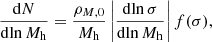 $$ \begin{aligned} \frac{\mathrm{d}N}{\mathrm{d}\!\ln {M}_{\rm {h}}} = \frac{\rho _{{M,0}}}{M_{\rm {h}}} \left| \frac{\mathrm{d}\!\ln \sigma }{\mathrm{d}\!\ln M_{\rm {h}}} \right| f(\sigma ), \end{aligned} $$