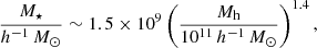 $$ \begin{aligned} \frac{M_\star }{{h^{-1}\,M_\odot }} \sim 1.5\times 10^{9} \left( \frac{M_{\rm {h}}}{10^{11}\,{h^{-1}\,M_\odot }} \right)^{1.4}, \end{aligned} $$