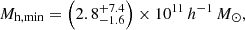 $$ \begin{aligned} M_{\rm {h,min}} = \left(2.8_{-1.6}^{+7.4}\right)\times 10^{11}\,{h^{-1}\,M_\odot }, \end{aligned} $$