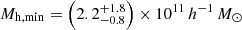 $ M_\mathrm{{h,min}} = \left(2.2_{-0.8}^{+1.8}\right)\times 10^{11}\,{h^{-1}\,M_\odot} $