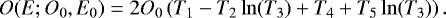 Mathematical equation: \begin{equation*} O(E;O_0,E_0) = 2 O_0 \left( T_1 - T_2 \ln(T_3) + T_4 + T_5 \ln(T_3) \right){.}\end{equation*}