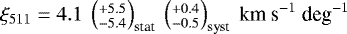 Mathematical equation: $\xi_{511} = 4.1~\left(^{+5.5}_{-5.4}\right)_{\textrm{stat}}~\left(^{+0.4}_{-0.5}\right)_{\textrm{syst}}~{\textrm{km~s}^{-1}~\textrm{deg}^{-1}}$