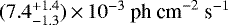 Mathematical equation: $(7.4^{+1.4}_{-1.3})\,{\times}\,10^{-3}~{\textrm{ph~cm}^{-2}~\textrm{s}^{-1}}$