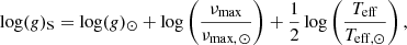 Mathematical equation: $$ \begin{aligned} \log (g)_{\rm S}= \log (g)_\odot + \log \left(\dfrac{\nu _{\rm max}}{\nu _{\mathrm{max}, \, \odot }}\right)+ \frac{1}{2} \log \left(\frac{T_{\rm eff}}{T_{\mathrm{eff},\odot }}\right), \end{aligned} $$
