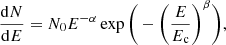 Mathematical equation: $$ \begin{aligned} \frac{\mathrm{d}N}{\mathrm{d}E} = N_0 E^{-\alpha } \exp \Bigg (-\Bigg (\frac{E}{E_\mathrm{c} }\Bigg )^\beta \Bigg ), \end{aligned} $$