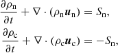 Mathematical equation: $$ \begin{aligned} \frac{\partial \rho _{\rm {n}}}{\partial t} + \nabla \cdot (\rho _{\rm {n}}{\boldsymbol{u}}_{\rm {n}})&= S_{\rm {n}}, \nonumber \\ \frac{\partial \rho _{\rm {c}}}{\partial t} + \nabla \cdot (\rho _{\rm {c}}{\boldsymbol{u}}_{\rm {c}})&= -S_{\rm {n}}, \end{aligned} $$