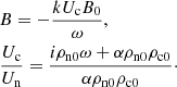 Mathematical equation: $$ \begin{aligned}&B = - \frac{k {U_{\rm c}}{B_0}}{\omega }, \nonumber \\&\frac{{U_{\rm c}}}{{U_{\rm n}}} = \frac{i \rho _{\rm n0} \omega + \alpha \rho _{\rm n0} \rho _{\rm c0} }{ \alpha \rho _{\rm n0} \rho _{\rm c0}} \cdot \end{aligned} $$