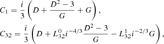Mathematical equation: $$ \begin{aligned}&C_1 = \frac{i}{3} \left(D + \frac{D^2-3}{G} + G \right), \nonumber \\&C_{3,2} = \frac{i}{3} \left(D + L_{3,2}^0 i^{-4/3} \frac{D^2-3}{G} - L_{3,2}^1 i^{-2/3} G \right), \end{aligned} $$