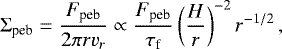 Mathematical equation: \begin{equation*} \Sigma_{\textrm{peb}} = \frac{F_{\textrm{peb}}}{2\pi r v_r} \propto \frac{F_{\textrm{peb}}}{\tau_{\textrm{f}}} \left(\frac{H}{r} \right)^{-2} r^{-1/2} \,, \end{equation*}