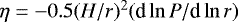 Mathematical equation: $\eta = -0.5 (H/r)^2 (\textrm{d}\ln P/\textrm{d}\ln r)$