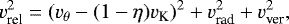 Mathematical equation: \begin{align*} v_{\textrm{rel}}^2 = \left( v_{\theta}-(1-\eta) v_{\textrm{K}} \right)^2 + v_{\textrm{rad}}^2 + v_{\textrm{ver}}^2 , \end{align*}