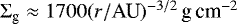 Mathematical equation: $\Sigma_{\textrm{g}} \approx 1700 (r/\textrm{AU})^{-3/2}\,{\textrm{g}\,\textrm{cm}}^{-2}$