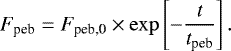 Mathematical equation: \begin{equation*} F_{\textrm{peb}} = F_{\textrm{peb,0}} \times \exp \left[-\frac{t}{t_{\textrm{peb}}} \right]. \vspace*{-1pt}\end{equation*}