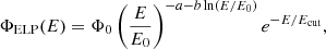 Mathematical equation: $$ \begin{aligned} \Phi _{\rm ELP}(E) = \Phi _0 \left( \frac{E}{E_0} \right)^{-a -b \ln (E/E_0)} e^{-E/E_{\rm cut}}, \end{aligned} $$