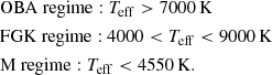 Mathematical equation: $$ \begin{aligned}&{\mathrm{OBA~regime} }: {{T_{\mathrm{eff} }}} > 7000 \mathrm{\,K } \\&{\mathrm{FGK~regime} }: 4000 < {{T_{\mathrm{eff} }}} < 9000 \mathrm{\,K } \\&{\mathrm{M~regime} }: {{T_{\mathrm{eff} }}} < 4550 \mathrm{\,K }. \end{aligned} $$