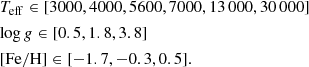 Mathematical equation: $$ \begin{aligned}&{{T_{\mathrm{eff} }}} \in [3000, 4000, 5600, 7000, 13\,000, 30\,000] \\&{{\log g}} \in [0.5, 1.8, 3.8] \\&{\mathrm{{[Fe/H]}}} \in [-1.7, -0.3, 0.5]. \end{aligned} $$