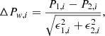 Mathematical equation: $$ \begin{aligned} \Delta {P}_{{ w},i} = \frac{{P}_{1,i} - {P}_{2,i}}{\sqrt{\epsilon _{1,i}^2 + \epsilon _{2,i}^2}}, \end{aligned} $$
