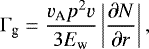 Mathematical equation: \begin{align*} \Gamma_{\textrm{g}} &= \frac{v_{\textrm{A}} p^2v}{3E_{\textrm{w}}}\left|\frac{\partial N}{\partial r}\right|, \end{align*}
