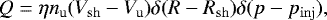 Mathematical equation: \begin{equation*} Q = \eta n_{\mathrm u} (V_{\mathrm {sh}} - V_{\mathrm u}) \delta(R-R_{\mathrm {sh}}) \delta(p - p_{\mathrm{inj}}), \end{equation*}