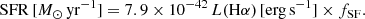 Mathematical equation: $$ \begin{aligned} {\mathrm{SFR} }\, [M_{\odot }\, \mathrm{yr^{-1} }] = 7.9 \times 10^{-42}\, L(\mathrm{H} \alpha )\, [\mathrm{erg\,s^{-1} }] \times f_\mathrm{SF} . \end{aligned} $$