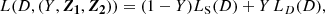 Mathematical equation: $$ \begin{aligned} L(D,(Y, \boldsymbol{Z_{1}},\boldsymbol{Z_{2}})) = (1-Y)L_{\rm S}(D) + Y\,L_{D}(D), \end{aligned} $$