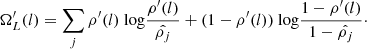 Mathematical equation: $$ \begin{aligned} \Omega ^{\prime }_L(l) = \sum _j \rho ^{\prime }(l) \text{ log} \frac{\rho ^{\prime }(l)}{\hat{\rho _{j}}} + (1-\rho ^{\prime }(l)) \text{ log} \frac{1-\rho ^{\prime }(l)}{1-\hat{\rho _{j}}}\cdot \end{aligned} $$