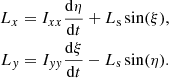 Mathematical equation: $$ \begin{aligned} L_x = I_{xx} \frac{\mathrm{d} \eta }{\mathrm{d}t} + L_{\rm s} \sin (\xi ),\nonumber \\ L_y = I_{yy} \frac{\mathrm{d} \xi }{\mathrm{d}t} - L_{\rm s} \sin (\eta ). \end{aligned} $$