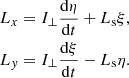 Mathematical equation: $$ \begin{aligned} L_x = I_\perp \frac{\mathrm{d} \eta }{\mathrm{d}t} + L_{\rm s}\xi ,\nonumber \\ L_y = I_\perp \frac{\mathrm{d} \xi }{\mathrm{d}t} - L_{\rm s}\eta . \end{aligned} $$