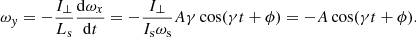 Mathematical equation: $$ \begin{aligned} \omega _y = - \frac{I_\perp }{L_{\rm s}} \frac{\mathrm{d} \omega _x}{\mathrm{d}t} = - \frac{I_\perp }{I_{\rm s} \omega _{\rm s}} A \gamma \cos (\gamma t + \phi ) = - A \cos (\gamma t + \phi ). \end{aligned} $$