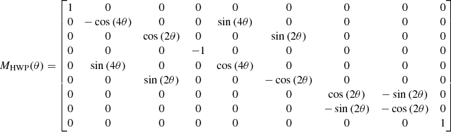 Mathematical equation: $$ \begin{aligned}&\\&M_{\rm HWP}(\theta ) = \left[\begin{matrix}1&0&0&0&0&0&0&0&0\\ 0&- \cos {\left(4 \theta \right)}&0&0&\sin {\left(4 \theta \right)}&0&0&0&0\\ 0&0&\cos {\left(2 \theta \right)}&0&0&\sin {\left(2 \theta \right)}&0&0&0\\ 0&0&0&-1&0&0&0&0&0\\ 0&\sin {\left(4 \theta \right)}&0&0&\cos {\left(4 \theta \right)}&0&0&0&0\\ 0&0&\sin {\left(2 \theta \right)}&0&0&- \cos {\left(2 \theta \right)}&0&0&0\\ 0&0&0&0&0&0&\cos {\left(2 \theta \right)}&- \sin {\left(2 \theta \right)}&0\\ 0&0&0&0&0&0&- \sin {\left(2 \theta \right)}&- \cos {\left(2 \theta \right)}&0\\ 0&0&0&0&0&0&0&0&1\end{matrix}\right] \end{aligned} $$