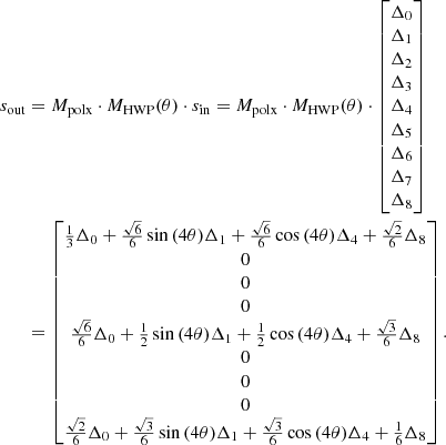 Mathematical equation: $$ \begin{aligned} s_{\rm {out}}&= M_{\rm polx} \cdot M_{\rm HWP}(\theta ) \cdot s_{\rm in} = M_{\rm polx} \cdot M_{\rm HWP}(\theta ) \cdot \left[\begin{matrix}\Delta _{0}\\ \Delta _{1}\\ \Delta _{2}\\ \Delta _{3}\\ \Delta _{4}\\ \Delta _{5}\\ \Delta _{6}\\ \Delta _{7}\\ \Delta _{8}\end{matrix}\right]\nonumber \\&= \left[\begin{matrix} {\frac{1}{3}}\Delta _0 + {\frac{{\sqrt{6}}}{6}} \sin {\left(4 \theta \right)}\Delta _1 + {\frac{{\sqrt{6}}}{6}}\cos {\left(4 \theta \right)}\Delta _4 + {\frac{{\sqrt{2}}}{6}}\Delta _8 \\ 0 \\ 0 \\ 0 \\ {\frac{\sqrt{6}}{6}}\Delta _0 + {\frac{1}{2}} \sin {\left(4 \theta \right)}\Delta _1 + {\frac{1}{2}} \cos {\left(4 \theta \right)}\Delta _4 + {\frac{\sqrt{3}}{6}}\Delta _8\\ 0 \\ 0 \\ 0 \\ {\frac{\sqrt{2}}{6}}\Delta _0 + {\frac{\sqrt{3}}{6}} \sin {\left(4 \theta \right)}\Delta _1 + {\frac{\sqrt{3}}{6}} \cos {\left(4 \theta \right)}\Delta _4 + {\frac{1}{6}}\Delta _8 \end{matrix}\right]. \end{aligned} $$