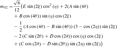 Mathematical equation: $$ \begin{aligned} m_{02}=&{\frac{\sqrt{6}}{12}} \big ( E\sin {\left(2 \xi \right)} \cos ^{2}{\left(\eta \right)} + 2(A \sin {\left(4 \theta \right)} \nonumber \\&+ B \cos {\left(4 \theta \right)}) \sin {\left(\eta \right)} \cos {\left(2 \xi \right)} \nonumber \\&- {\frac{1}{2}} \left(A \cos {\left(4 \theta \right)} - B \sin {\left(4 \theta \right)}\right) \left(3 - \cos {\left(2 \eta \right)}\right) \sin {\left(2 \xi \right)} \nonumber \\&- 2 \left(C \sin {\left(2 \theta \right)} + D \cos {\left(2 \theta \right)}\right) \cos {\left(\eta \right)} \cos {\left(2 \xi \right)} \nonumber \\&+ \left(C \cos {\left(2 \theta \right)} - D \sin {\left(2 \theta \right)}\right) \sin {\left(2 \eta \right)} \sin {\left(2 \xi \right)} \big ) \end{aligned} $$