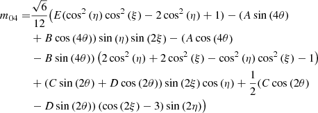 Mathematical equation: $$ \begin{aligned} m_{04}=&{\frac{\sqrt{6}}{12}} \big (E(\cos ^{2}{\left(\eta \right)} \cos ^{2}{\left(\xi \right)} - 2\cos ^{2}{\left(\eta \right)} + 1) - (A \sin {\left(4 \theta \right)} \nonumber \\&+ B \cos {\left(4 \theta \right)}) \sin {\left(\eta \right)} \sin {\left(2 \xi \right)} -(A \cos {\left(4 \theta \right)}\nonumber \\& - B \sin {\left(4 \theta \right)}) \left(2 \cos ^{2}{\left(\eta \right)} + 2 \cos ^{2}{\left(\xi \right)} - \cos ^{2}{\left(\eta \right)} \cos ^{2}{\left(\xi \right)} - 1 \right) \nonumber \\&+ \left(C \sin {\left(2 \theta \right)} + D \cos {\left(2 \theta \right)}\right) \sin {\left(2 \xi \right)} \cos {\left(\eta \right)} + {\frac{1}{2}} (C \cos {\left(2 \theta \right)} \nonumber \\&- D \sin {\left(2 \theta \right)}) \left(\cos {\left(2 \xi \right)} - 3\right) \sin {\left(2 \eta \right)} \big ) \end{aligned} $$