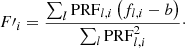 Mathematical equation: $$ \begin{aligned} F\prime _i = \frac{\sum _l \mathrm{PRF}_{l,i}\left(f_{l,i}-b\right)}{\sum _l \mathrm{PRF}_{l,i}^2}\cdot \end{aligned} $$