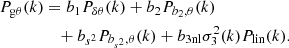 Mathematical equation: $$ \begin{aligned} P_{\rm {g}\theta }(k)&=b_1P_{\delta \theta }(k)+b_2P_{b_2,\theta }(k)\nonumber \\&\quad +b_{s^2}P_{b_{s^2},\theta }(k)+b_{\rm 3nl}\sigma _3^2(k)P_{\rm lin}(k) . \end{aligned} $$