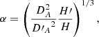 Mathematical equation: $$ \begin{aligned} \alpha = \left( \frac{D_A^2}{{D\prime _A}^2} \frac{H\prime }{H} \right)^{1/3}, \end{aligned} $$