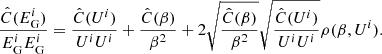 Mathematical equation: $$ \begin{aligned} \frac{\hat{C}(E_{\rm G}^i)}{E_{\rm G}^i E_{\rm G}^i} = \frac{\hat{C}(U^i)}{U^i U^i} + \frac{\hat{C}(\beta )}{\beta ^2} + 2\sqrt{\frac{\hat{C}(\beta )}{\beta ^2}} \sqrt{\frac{\hat{C}(U^i)}{U^i U^i}} \rho (\beta ,U^i) . \end{aligned} $$
