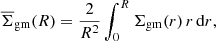 Mathematical equation: $$ \begin{aligned} \overline{\Sigma }_{\rm gm}(R) = \frac{2}{R^2} \int _{0}^{R} \Sigma _{\rm gm}(r)\, r\, \mathrm{d} r, \end{aligned} $$