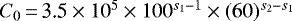 Mathematical equation: $C_0\,{=}\,\text{3.5} \times 10^{5} \times 100^{s_1-1} \times(60)^{s_2-s_1}$