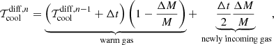 Mathematical equation: $$ \begin{aligned} \mathcal{T} _{\rm cool}^{\mathrm{diff},n} = \underbrace{\left(\mathcal{T} _{\rm cool}^{\mathrm{diff},n-1} + \Delta t\right)\left(1-\frac{\Delta M}{M}\right)}_{\text{ warm} \text{ gas}} + \underbrace{\frac{\Delta t}{2}\frac{\Delta M}{M}}_{\text{ newly} \text{ incoming} \text{ gas}}, \end{aligned} $$