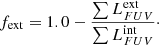 Mathematical equation: $$ \begin{aligned} \displaystyle f_{\rm ext} = 1.0 - \dfrac{\sum L_{FUV}^\mathrm{ext}}{\sum L_{FUV}^\mathrm{int}}\cdot \end{aligned} $$